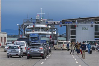 Ferry port, customs building, cars, travellers, Friedrichshafen on Lake Constance,