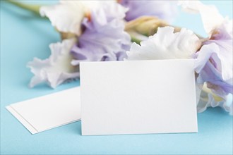 White business card with lilac iris flowers on blue pastel background. side view, copy space, still