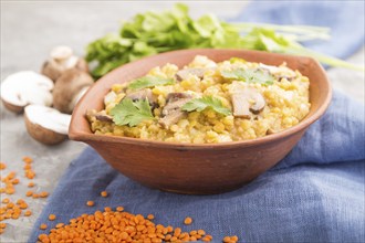 Lentils porridge with champignons and coriander in a clay bowl on a gray concrete background and