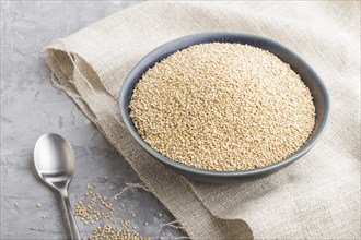 Blue ceramic bowl with raw white quinoa seeds on a gray concrete background and linen textile. Side