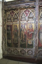 Medieval rood screen paintings, St Andrew church, Westhall, Suffolk, England, UK