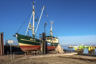 Harbour of Neuharlingersiel, East Frisia, Lower Saxony, Fishing boats, Fishing cutter, Monument,