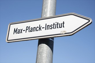 A sign points the way to the Max Planck Institute in Magdeburg, Saxony-Anhalt, Germany, Europe