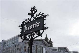 Sign with the inscription Justiz at the Magdeburg Justice Centre, Saxony-Anhalt, Germany, Europe