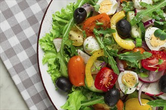 Vegetable salad, with quail eggs and olives, fresh, close-up, no people