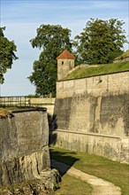 Guardhouse on fortress rampart, fortress wall with moat, bastion Roßmühle, Wülzburg fortress,