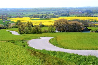 View from Romele ridge over the landscape in springtime in Skurup municipality, Scania, Sweden,