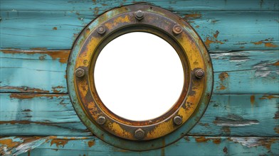 Vintage aged brass ship porthole mounted on a wooden hull with a white background. generative AI,