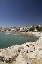 Sandy beach with bathers and hotels at Torremolinos, Costa del Sol, Malaga, Spain, Europe