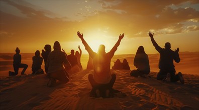 Kneeling people praying to god and Jesus in the desert. Scenic dramatic sunset, AI generated