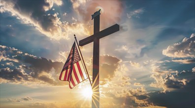 A cross is in the foreground of a sunset with an American flag in the background, AI generated