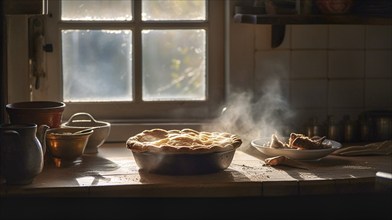 Fresh homemade pie steaming on the counter as morning light fills the kitchen, generative AI, AI