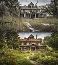 Run-down country house before and after renovation construction, generative AI, AI generated