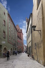 Historic town houses in an old town alley, Regensburg, Upper Palatinate, Bavaria, Germany, Europe