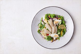 Salad of squid and vegetables, with egg, homemade, no people