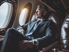 Successful businessman sitting in a plane, looking out the window. Business travel, global