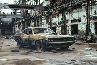 An old, weathered and dusty US-American classic car, wreck, of the type Dodge Challenger from the