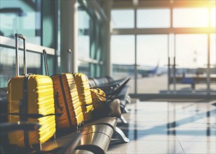 Passenger travel suitcases and bags in the airport terminal, concept of travel and vacation, AI