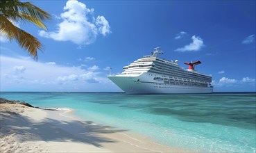 A large cruise ship is docked at the beach. The ship is white and is surrounded by a blue ocean.