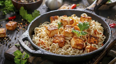 Healthy plate of tofu mixed with other foods to boost healthy diet, AI generated