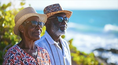 Healthy and happy active senior couple enjoying retirement close to a beach property, AI generated