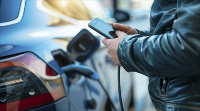 A man is charging his electric car, AI generated