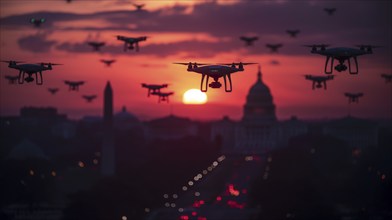 Swarm of UAV unmanned aircraft drones flying near the United States capitol at sunset, AI generated