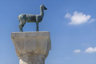 Column with hind, the Elafina, harbour entrance Mandraki harbour, Rhodes, Dodecanese archipelago,