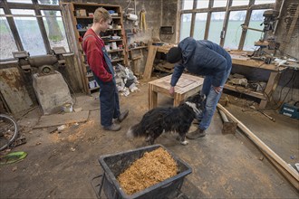 Father looks at his son's finished table in the workshop, Mecklenburg-Vorpommern, Germany, Europe