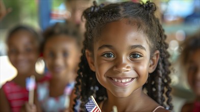 Cute african american girl celebrating the american holiday with friends and family at the parade.