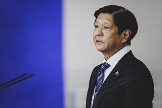 Ferdinand Marcos Jr, President of the Philippines, speaks to the media after a joint meeting with