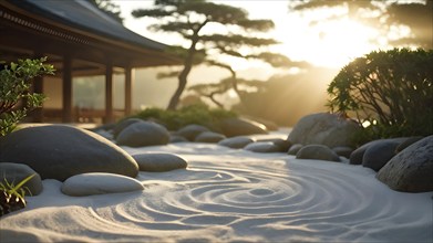 Zen garden bathed in the soft glow of dawn as a serene symbol for relaxation, AI generated