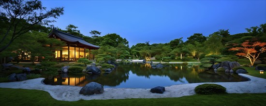 Zen garden bathed in the soft glow of dawn as a serene symbol for relaxation, AI generated