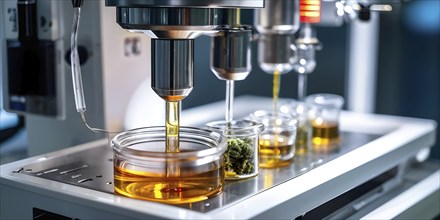 Machine dispensing medical cannabis oil in a laboratory, AI generated