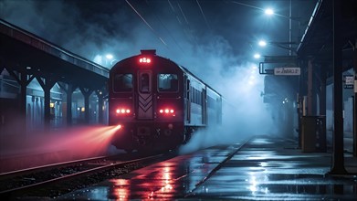 Nighttime train wash in a misty depot with water spray, AI generated