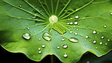 Close up of a lotus leaf showcasing its hydrophobic tendencies repelling water droplets, AI