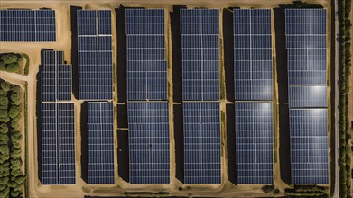 Top down aerial view of a photovoltaic plant arranged in symmetric rows, AI generated