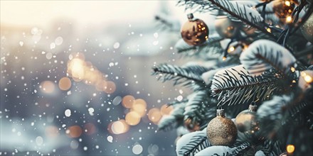 Christmas banner with golden bauble ornaments on tree and blurry city and snow in background,