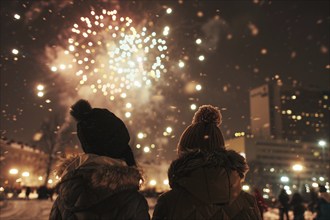 Back view of 2 young people in winter clothes celebrating new year with fireworks. Generative Ai,