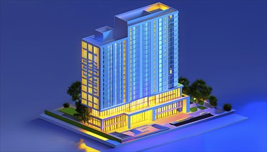 Three dimensional rendering of an illuminated modern high-rise office building, AI generated