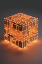 Three dimensional render of an orange glowing blockchain cube, AI generated