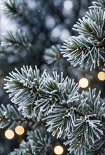 Frost-covered pine branches with delicate snowflakes in soft light, AI generated