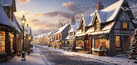 Wintery street scene in a small village with snow-covered rooftops in a warm golden light streaming