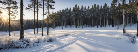 Peaceful snowy forest clearing at dawn with snow softly blanketing the ground and frost-covered