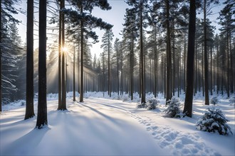 Peaceful snowy forest clearing at dawn with snow softly blanketing the ground and frost-covered