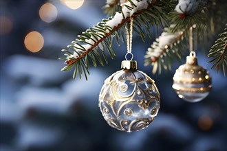 Set of Christmas ornaments hanging on a snow-covered pine tree branch, with frost clinging to the