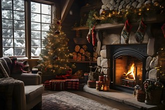 Traditional stone fireplace decorated for Christmas, with garlands, stockings, and candles, set in