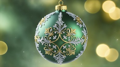 Close up of a frosted green Christmas ornament, detailed with tiny ice crystals, delicate carvings,