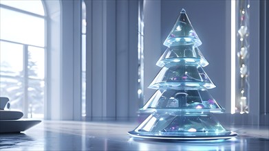 A three dimensional rendering of a futuristic Christmas tree made of glowing, semi-transparent