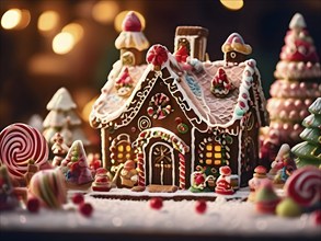 Gingerbread house decorations, focusing on the intricate icing details, colorful candy, and soft,